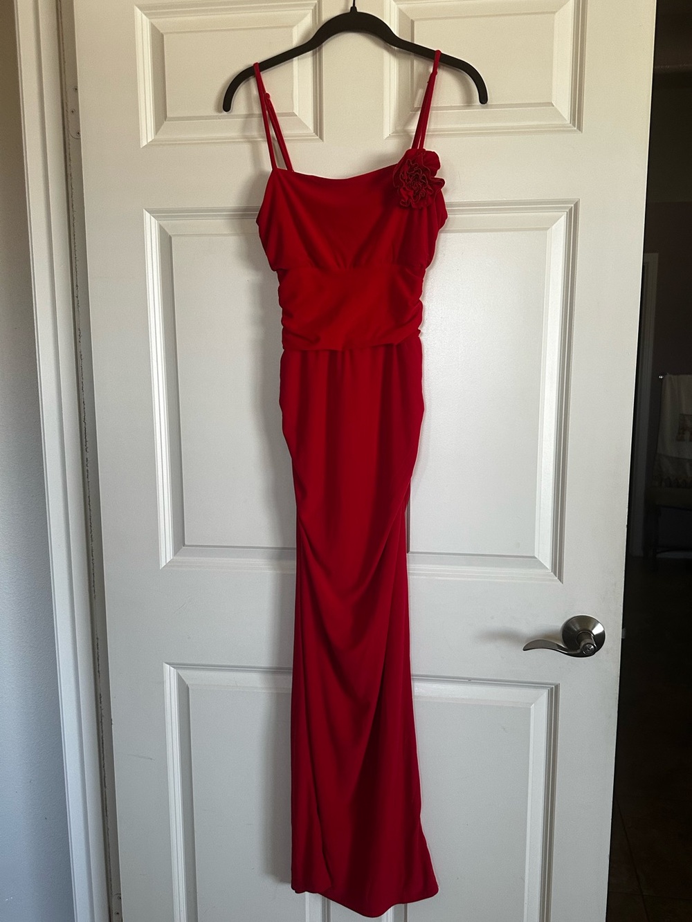 As U Wish• Elegant Red Spaghetti-Strap Evening Dress with Floral Accent. Size M.